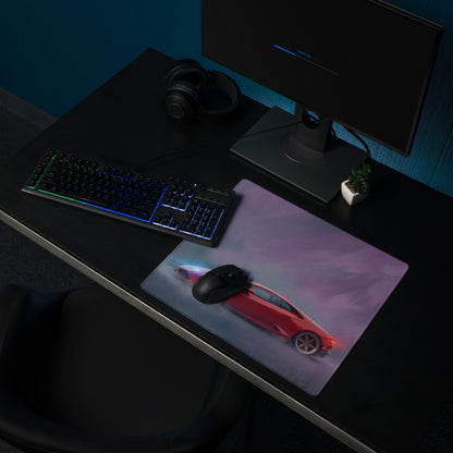 Lamborghini huracán inspired rosso edition red sports car graphic mousepad with sleek glossy finish and neon lighting accents