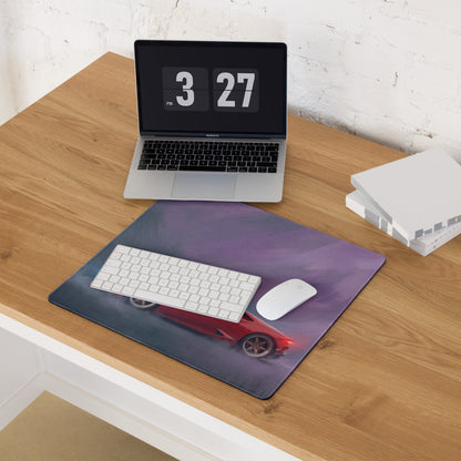 Purple Lamborghini Huracán inspired stitched edge gaming mousepad with red sports car graphic and smooth surface