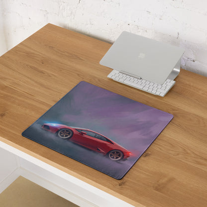 Rectangular stitched edge xl gaming mouse pad featuring a vibrant red lamborghini huracán inspired car on purple gray gradient background