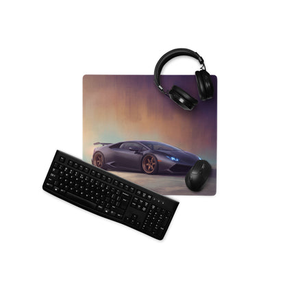 Black gaming mousepad with matte graphite surface featuring a dark gray Lamborghini Huracán illustration and copper rims