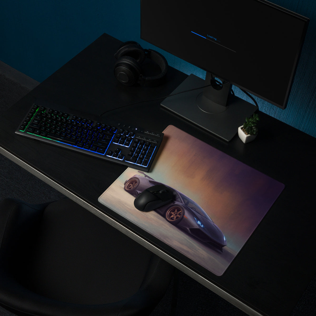 A sleek rectangular ultra-glide cloth gaming mousepad featuring a dark purple Lamborghini Huracán graphic