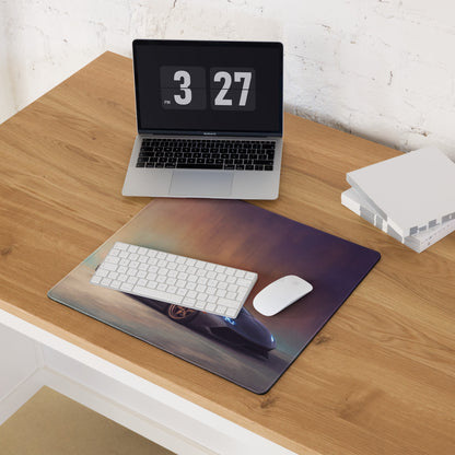 A sleek rectangular matte graphite desk mat featuring a vibrant futuristic black lamborghini huracán design