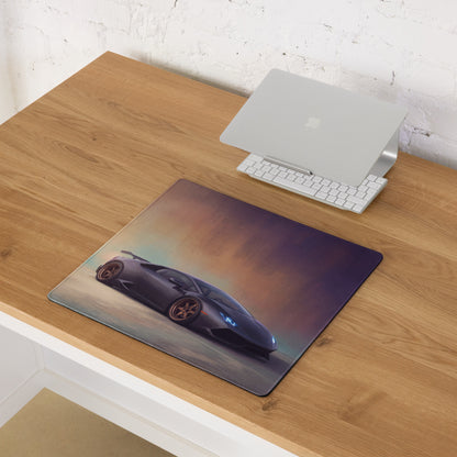 Black lamborghini huracán inspired sports car graphic printed on a rectangular matte graphite cloth desk mat mousepad