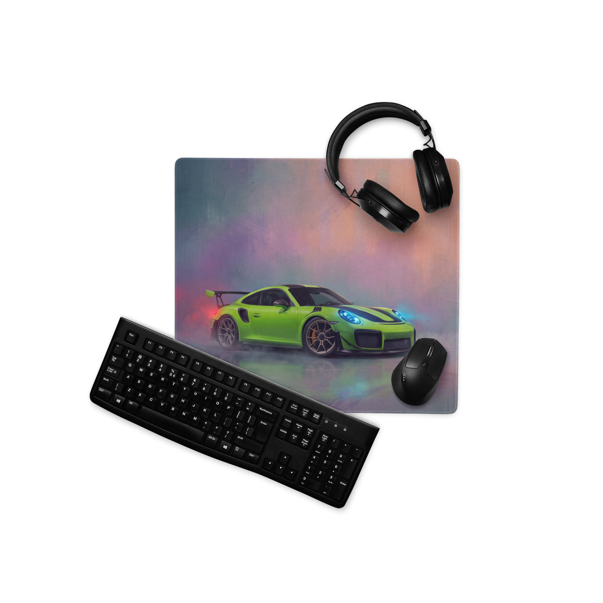 Vibrant lime green porsche 911 gt2 rs inspired desk pad with glowing blue headlights and red taillights on rubber base