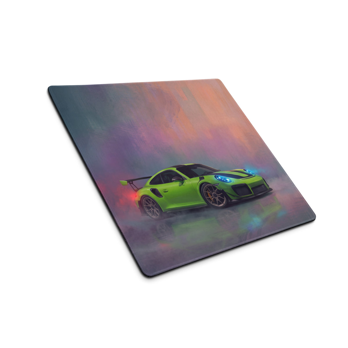 Vibrant lime green porsche 911 gt3 rs graphic desk pad with non-slip rubber base and gradient sky background