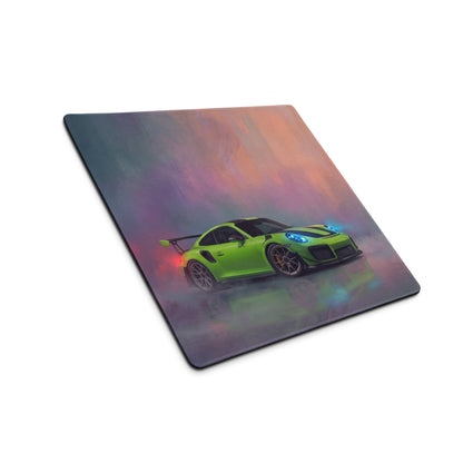 Vibrant lime green porsche 911 gt3 rs graphic desk pad with non-slip rubber base and gradient sky background