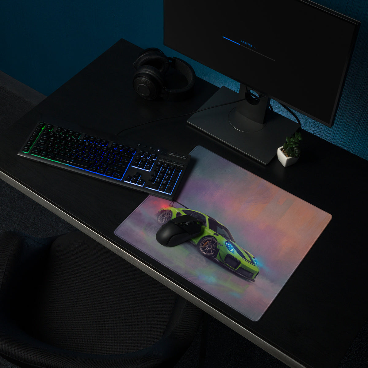 A vibrant lime green porsche 911 gt2 rs inspired desk pad with smooth textured surface and non slip rubber base