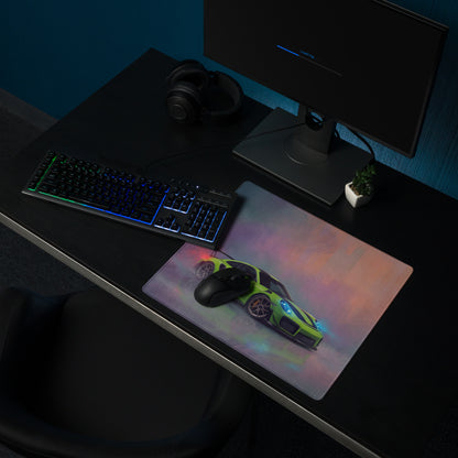 A vibrant lime green porsche 911 gt2 rs inspired desk pad with smooth textured surface and non slip rubber base