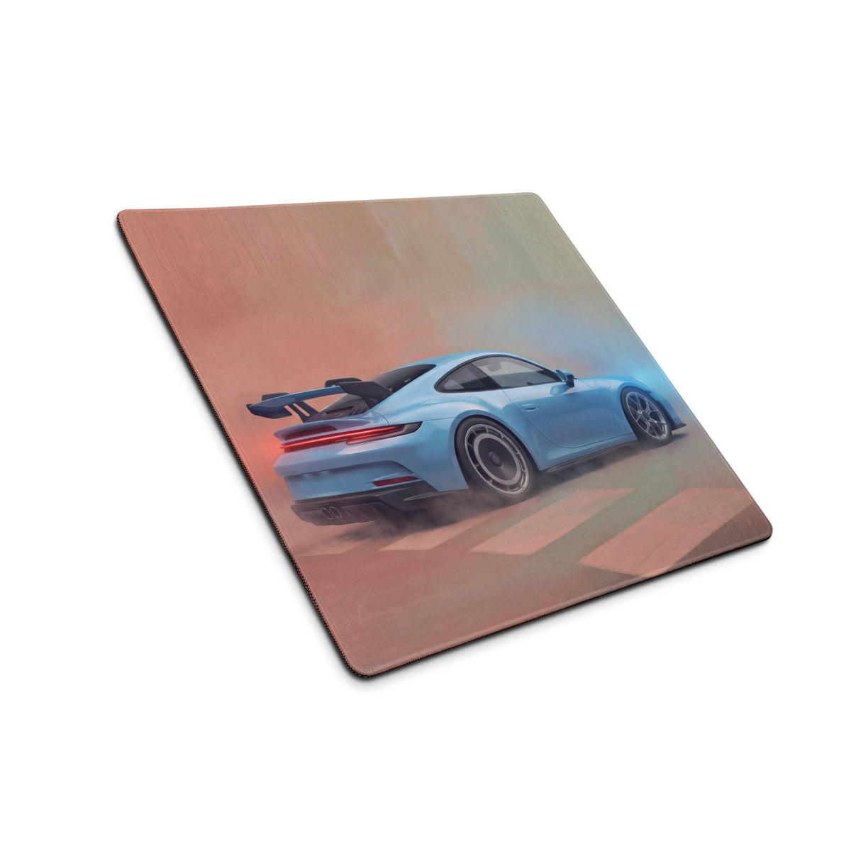 Blue Porsche 911 GT3 racing car illustration on a high-precision sky blue XL gaming desk mat mousepad
