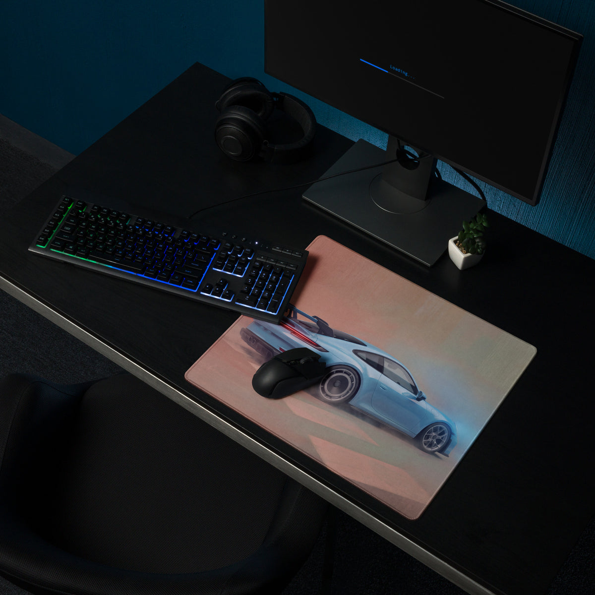 Rectangular porsche 911 gt3 inspired sky blue desk mat featuring a detailed light blue sports car illustration