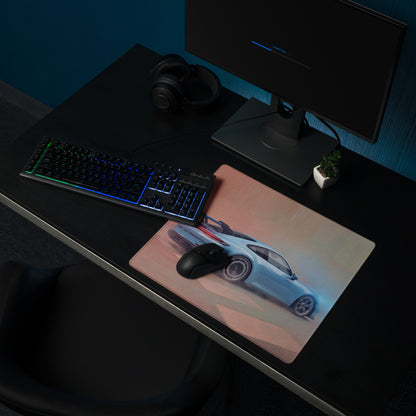 Rectangular porsche 911 gt3 inspired sky blue desk mat featuring a detailed light blue sports car illustration
