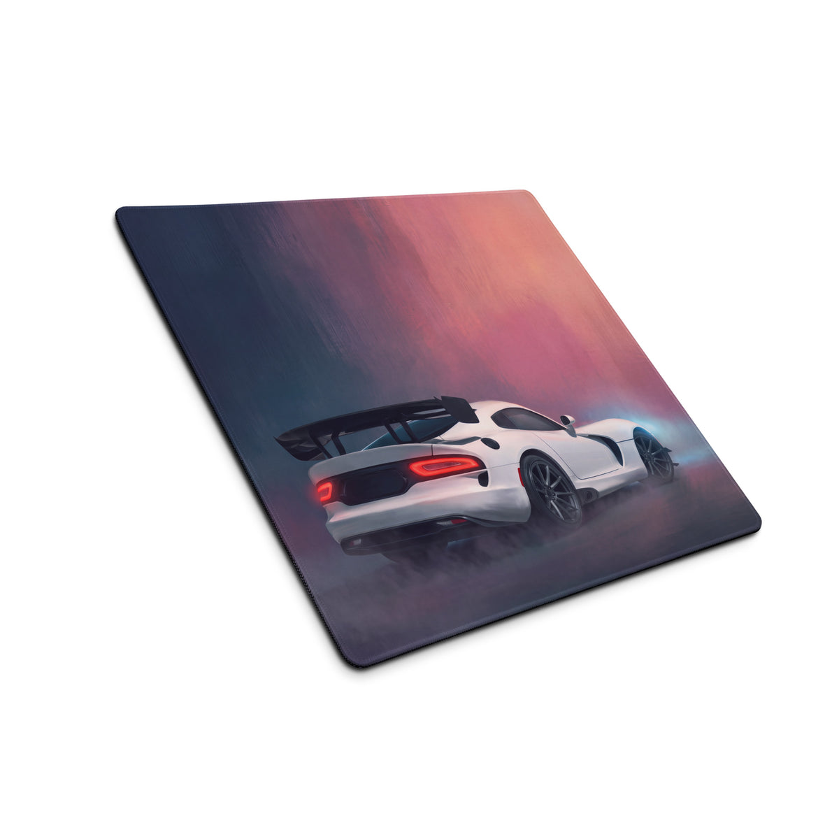 Dodge viper acr inspired pure white rectangular mousepad with stitched edge and white sports car graphic on pink blue gradient background