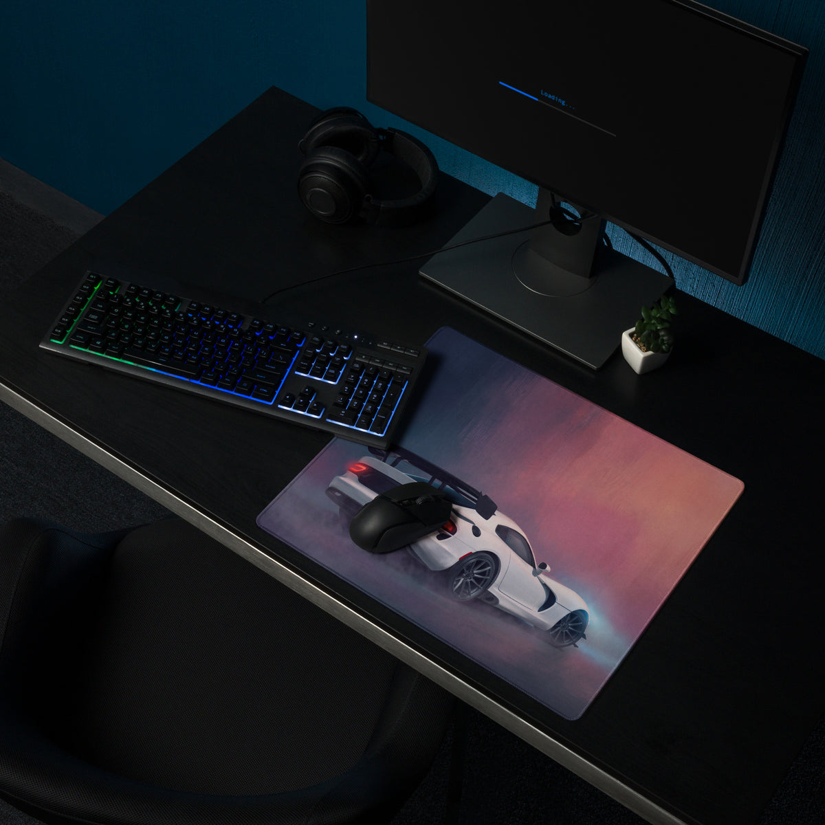 Dodge viper acr inspired pure white extended stitched edge gaming mousepad with vibrant gradient and white sports car design