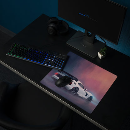 Dodge viper acr inspired pure white extended stitched edge gaming mousepad with vibrant gradient and white sports car design