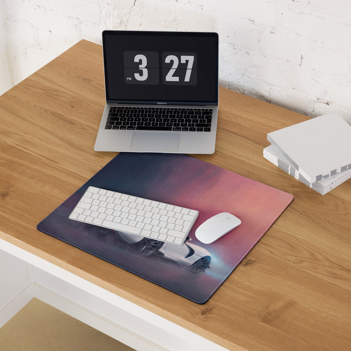 Dodge viper acr inspired pure white extended stitched edge mousepad with vibrant pink purple blue gradient and white sports car