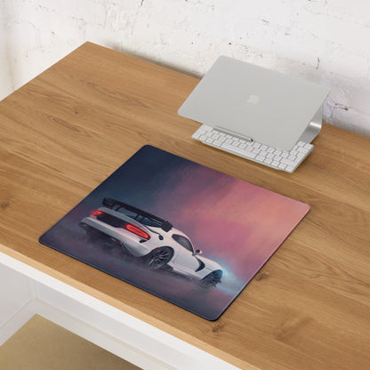 Rectangular stitched edge mousepad featuring a white dodge viper acr inspired sports car on a dark blue to pink gradient background