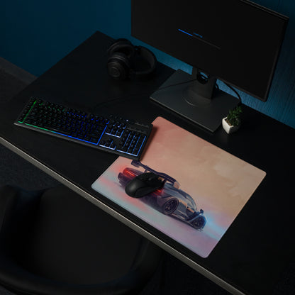 McLaren Senna inspired stealth edition rectangular gaming mousepad with vibrant silver black sports car and red accents on rubber base