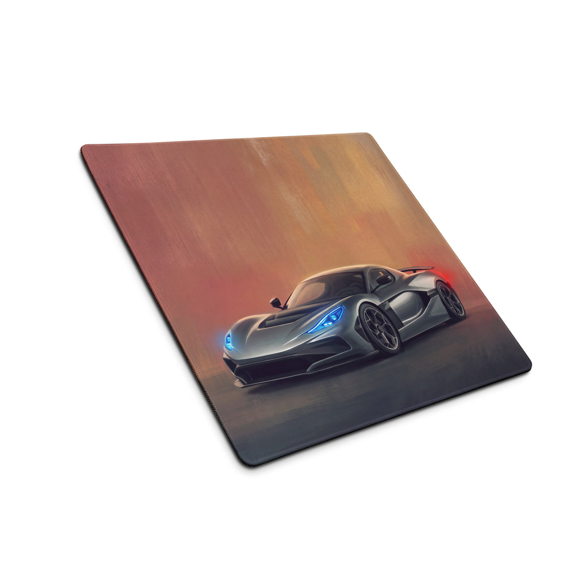Gray Rimac Nevera inspired electric silver desk pad with glowing blue headlights and red taillights on stitched edge mouse mat