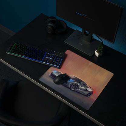 A sleek rectangular rimac nevera inspired electric silver desk pad with ultra-glide stitched edge and sports car graphic