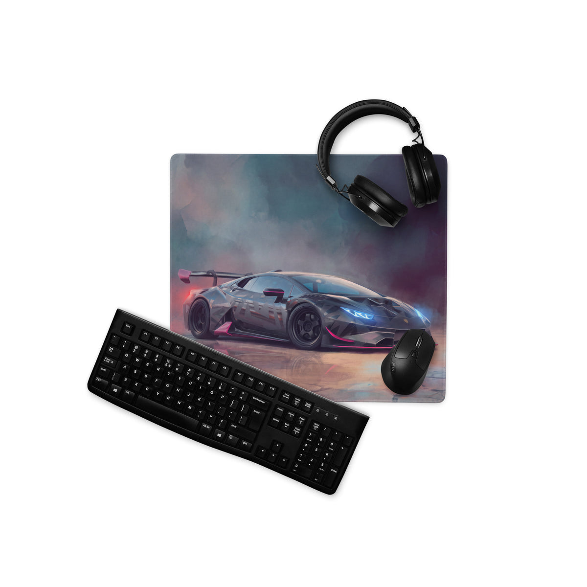 Black gaming mousepad with vibrant lamborghini huracán graphic glowing blue headlights red accents smoky background