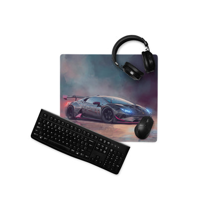 Black gaming mousepad with vibrant lamborghini huracán graphic glowing blue headlights red accents smoky background