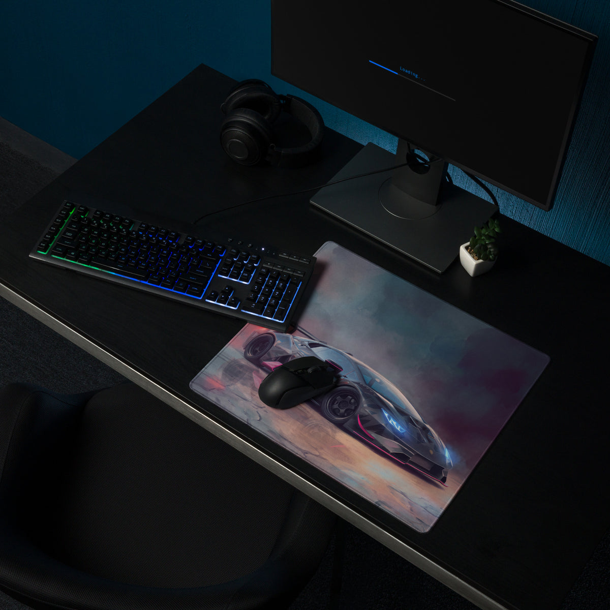A sleek rectangular Lamborghini Huracán inspired cyber camo desk mat with vibrant blue and purple futuristic sports car design