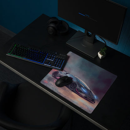 A sleek rectangular Lamborghini Huracán inspired cyber camo desk mat with vibrant blue and purple futuristic sports car design