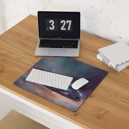 A sleek rectangular lamborghini huracán inspired cyber camo xl gaming mousepad with a vibrant futuristic racing car graphic