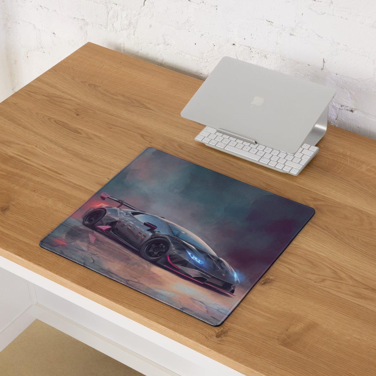 Rectangular laptop Huracán inspired cyber camo desk mat with futuristic black silver car and glowing blue headlights on smoky background