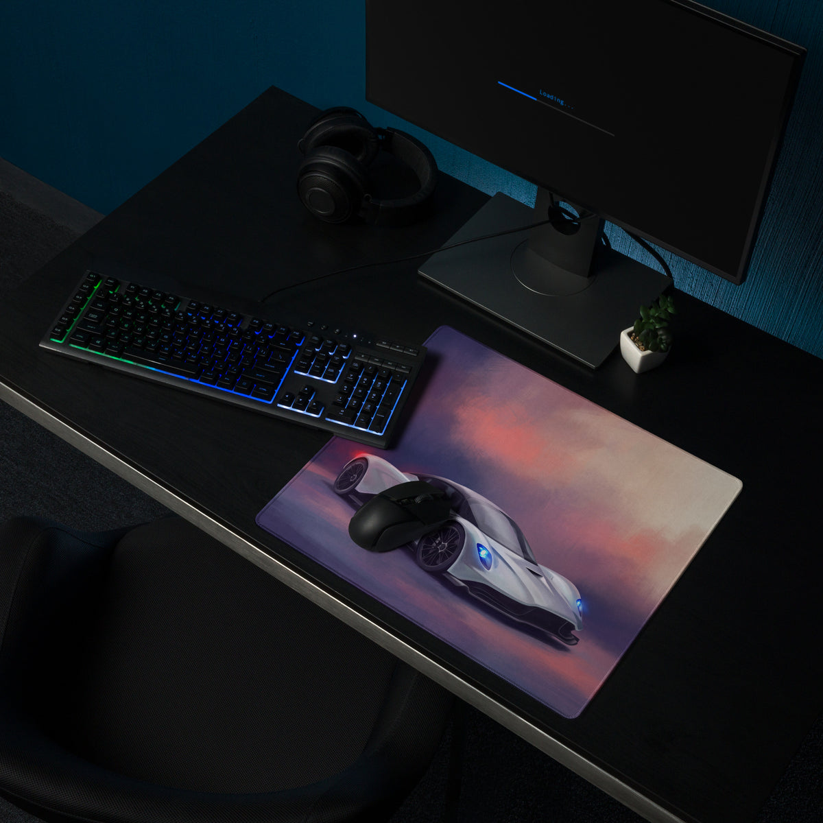 A rectangular silver gaming mousepad with a vibrant white sports car and blue headlights for low-friction PC setups
