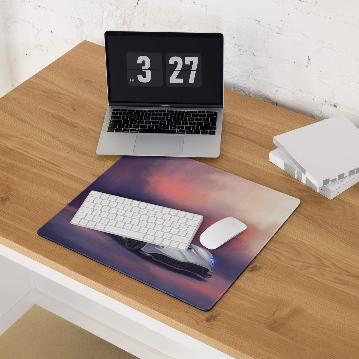 Aston Martin Valhalla inspired silver aero desk mat mousepad with vibrant purple orange sunset and sleek sports car design