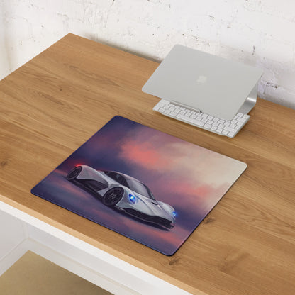Aston Martin Valhalla inspired silver aero low friction rectangular mousepad with white sports car and pink purple sky graphic