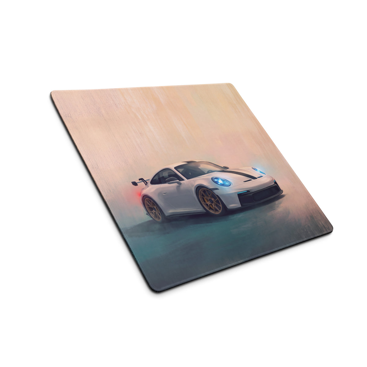 White porsche 911 sports car graphic printed on a square non-slip rubber mousepad for desk use