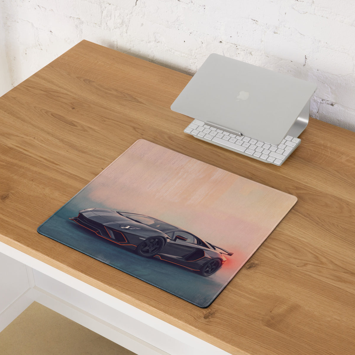 Black Lamborghini Aventador sports car graphic on soft textured XL gaming mousepad with subtle red accent lines