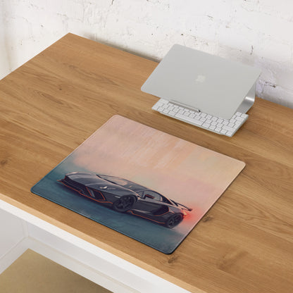 Black Lamborghini Aventador sports car graphic on soft textured XL gaming mousepad with subtle red accent lines