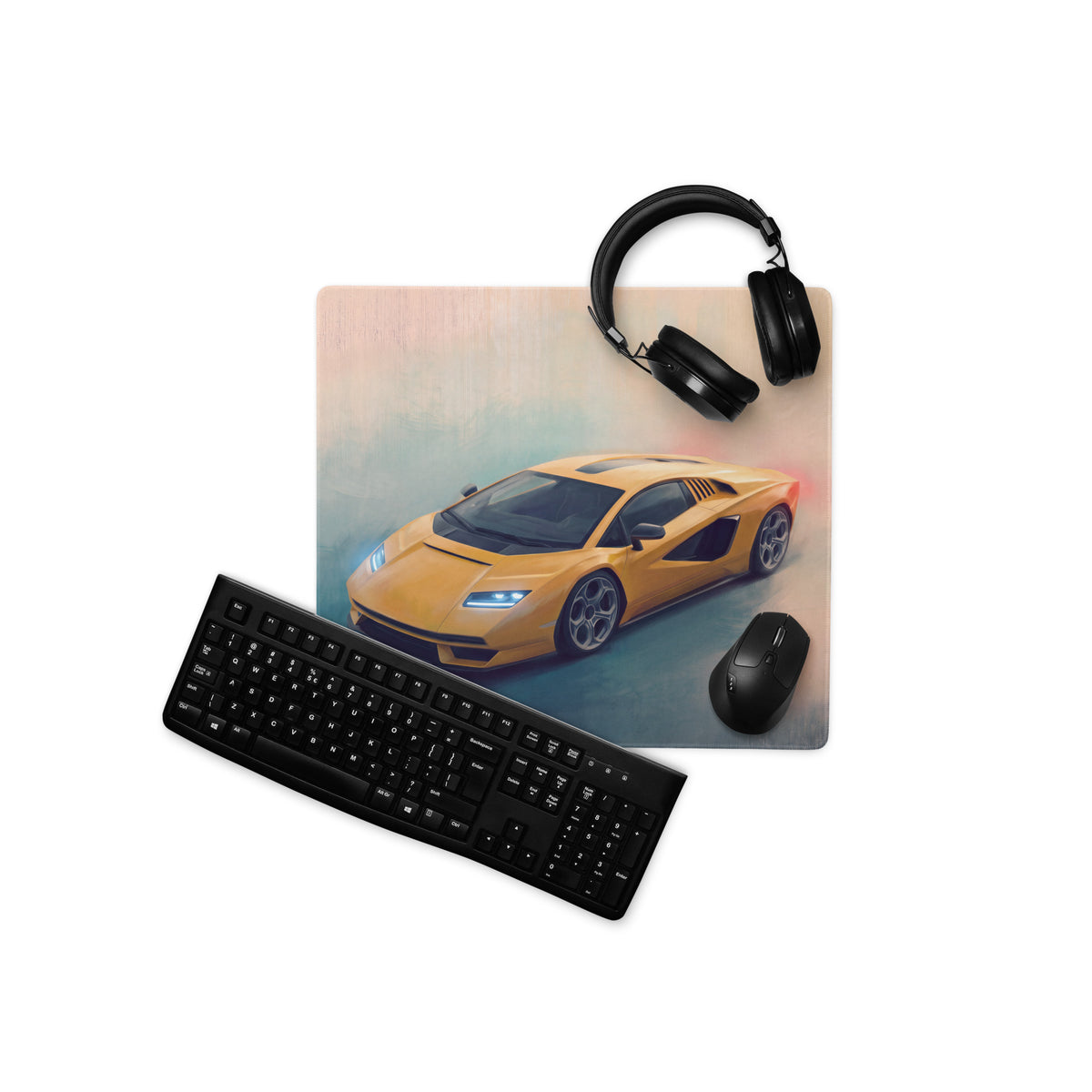 Yellow Lamborghini Countach inspired heritage desk pad with non-slip rubber base and sports car graphic mousepad design