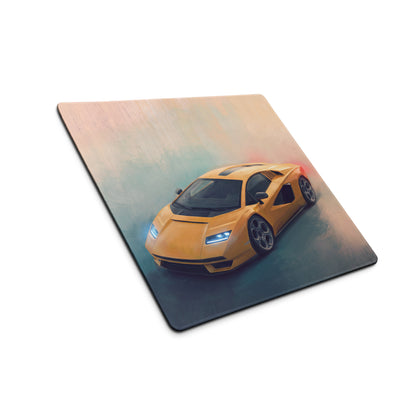 Yellow sports car illustration on a square matte finish mousepad with non slip rubber base inspired by Lamborghini Countach