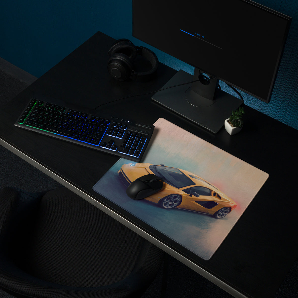 Yellow lamborghini sports car graphic on lamborghini countach inspired heritage yellow desk pad with non slip rubber base