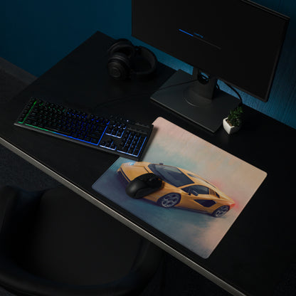 Yellow lamborghini sports car graphic on lamborghini countach inspired heritage yellow desk pad with non slip rubber base