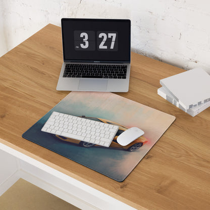 Rectangular non-slip rubber mousepad with a vibrant yellow Lamborghini Countach inspired sports car graphic on a gradient background