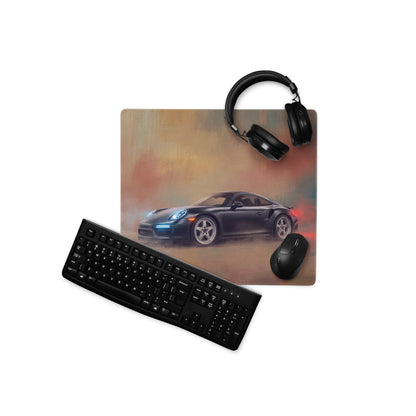Black Porsche 911 Turbo graphic printed on a slate grey high-precision XL gaming mousepad desk mat