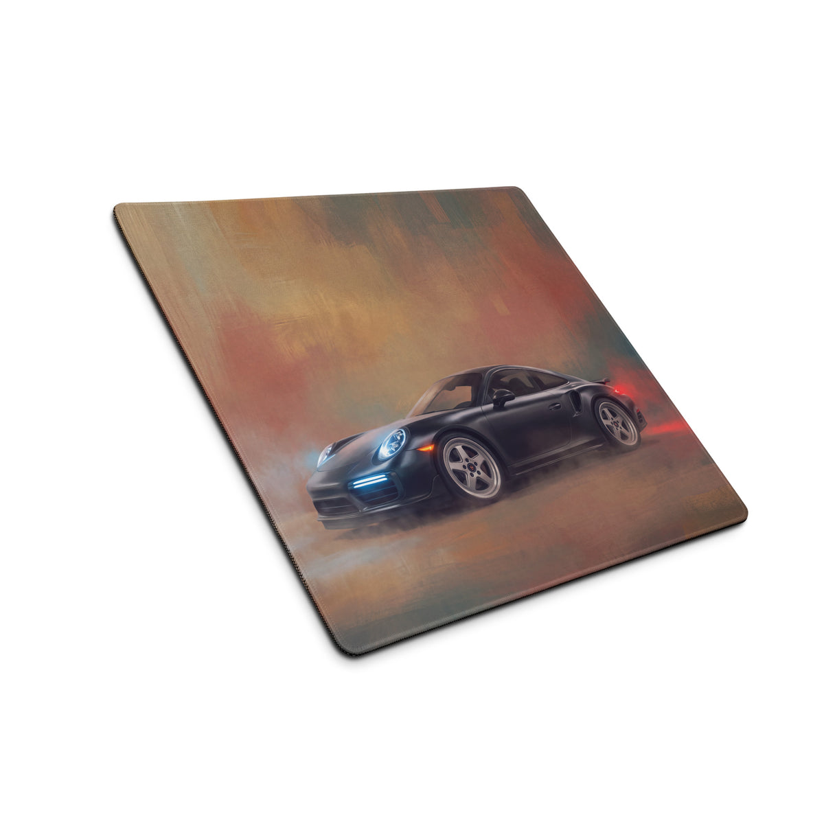 Black porsche sports car graphic printed on a smoky background on a slate grey xl gaming mousepad desk mat