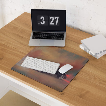 Rectangular slate grey gaming mousepad featuring a black sports car speeding through a fiery red and orange sky