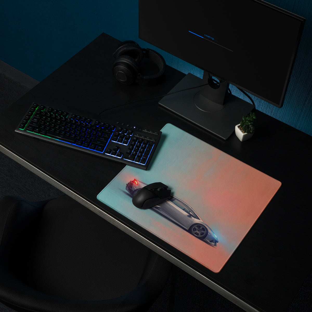 A sleek rectangular titanium profile cloth gaming mousepad with vibrant gradient and silver Lamborghini Huracán design