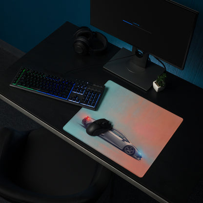 A sleek rectangular titanium profile cloth gaming mousepad with vibrant gradient and silver Lamborghini Huracán design