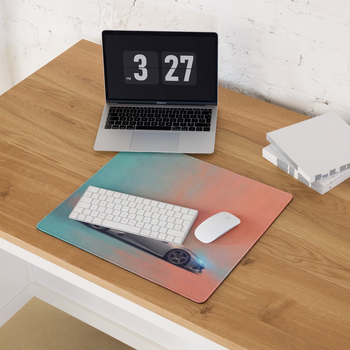 Rectangular Lamborghini Huracán inspired titanium profile desk mat with gradient teal to coral background and black sports car print