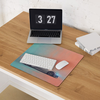 Rectangular Lamborghini Huracán inspired titanium profile desk mat with gradient teal to coral background and black sports car print