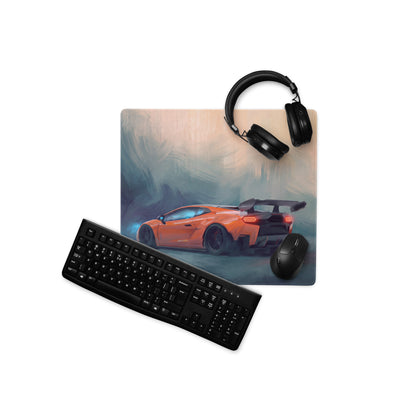 Rectangular non-slip PC mousepad featuring an orange Lamborghini inspired sports car graphic for desk use