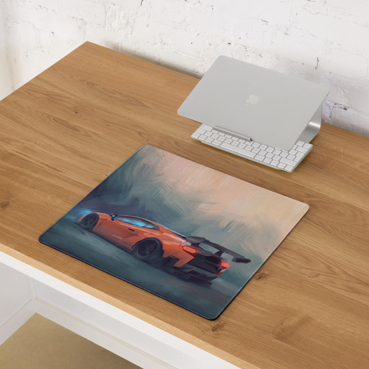 Custom lamborghini inspired arancio track orange sports car graphic on soft textured rectangular non slip desk pad