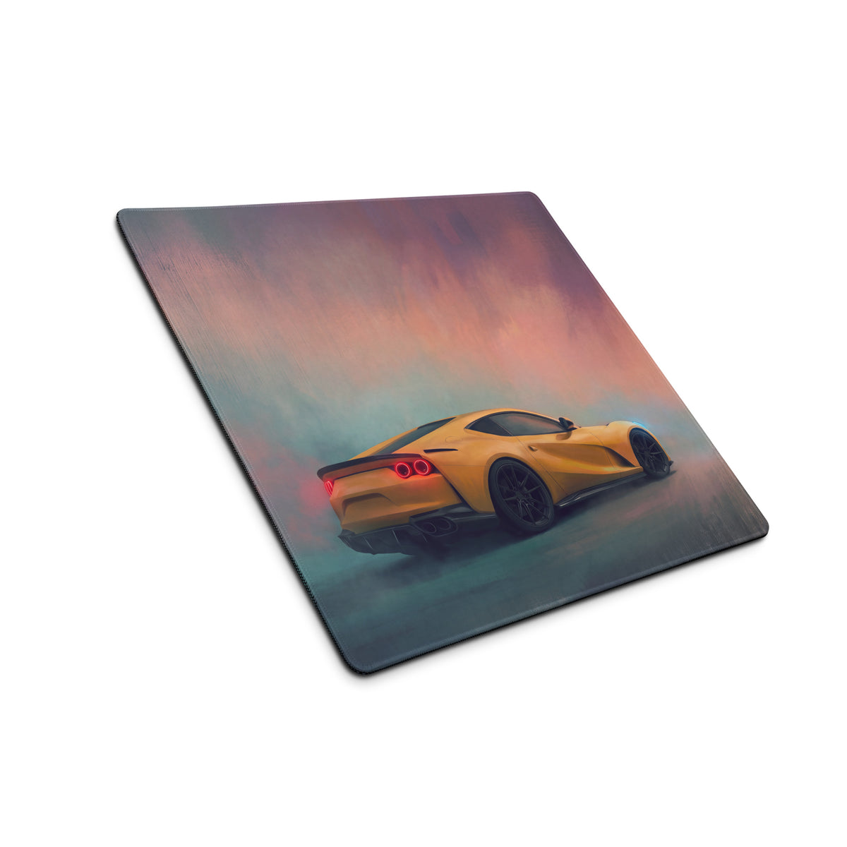 Yellow sports car graphic on ferrari 812 superfast inspired giallo sunset desk pad with soft matte finish and non-slip base